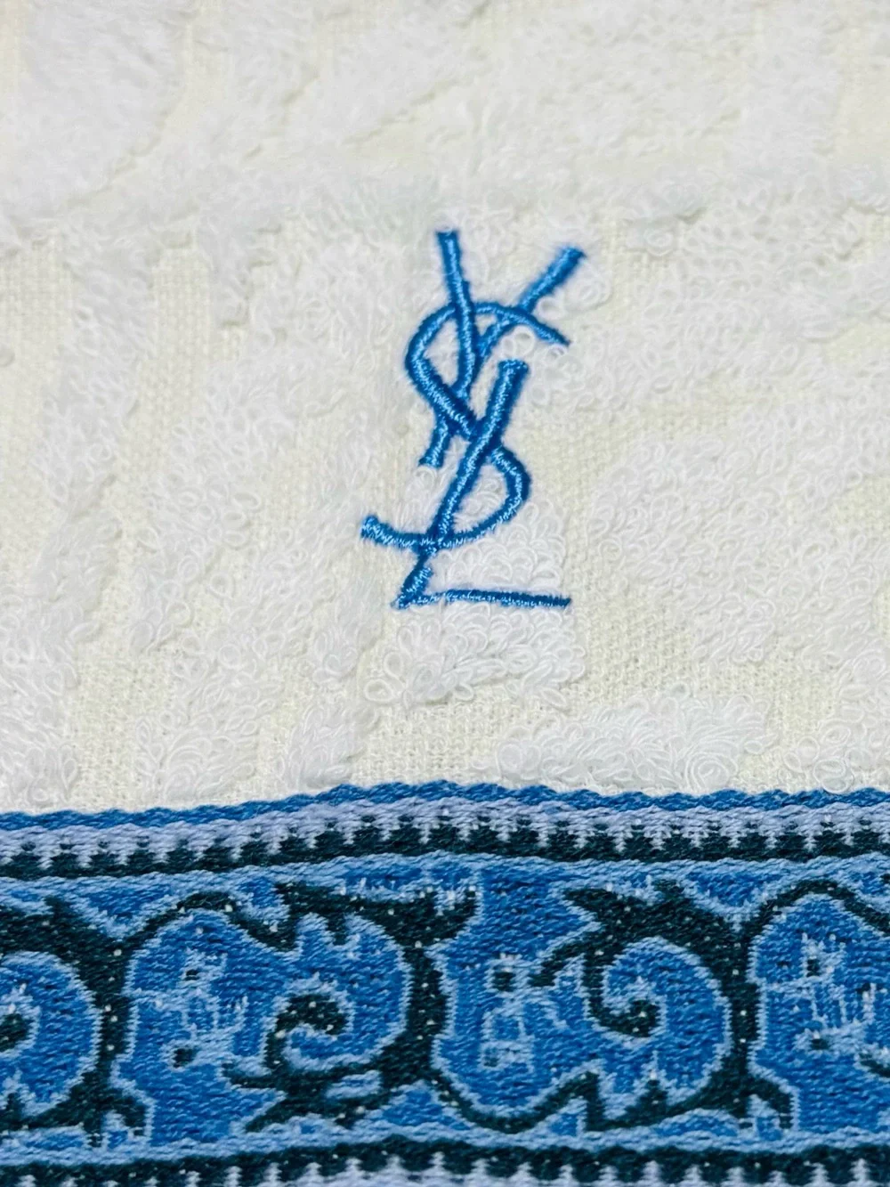 Yves Saint Laurent White Towel with Blue Embroidered YSL size 23cm 9”